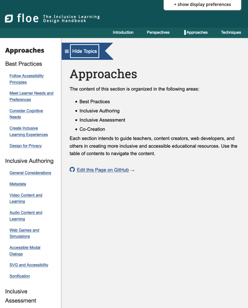 Approaches page in the Handbook with the topics open. Topic headings include: Best Practices, Inclusive Authoring, and Inclusive Assessment